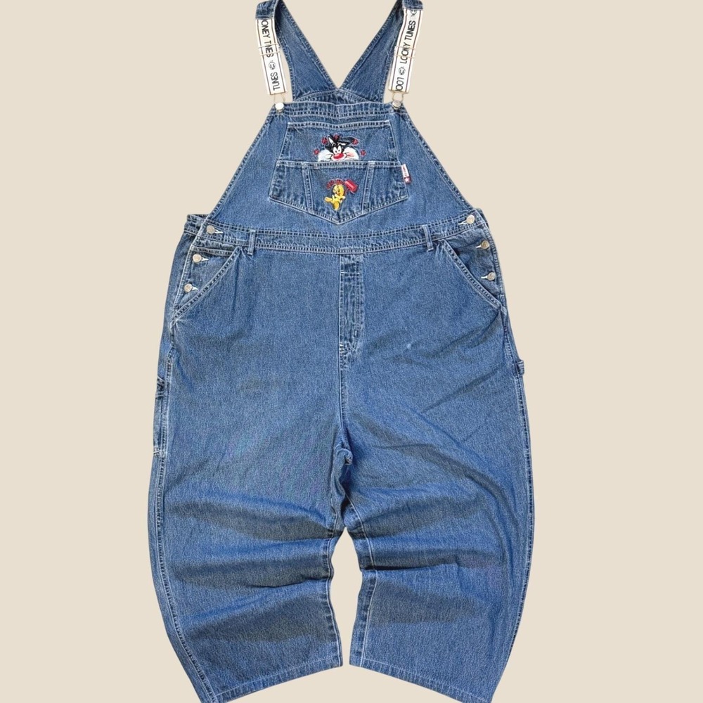 Vintage Looney Tunes Overalls 90s Womens 22/24 Sylvester Tweety Denim Bib Adult - Picture 9 of 16
